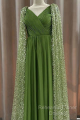 Green Tulle V-Neck Dress With Beaded Cape