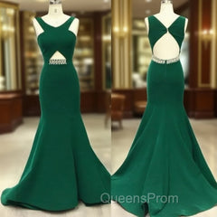 Green V Neck Mermaid Long Evening Prom Dress, Green Evening Dress For Teens