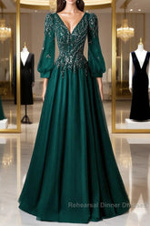 Green V-Neck Tulle Beads Long Semi Formal Prom Dress, Elegant Long Sleeve Evening Party Dress