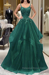 Green V-Neckline Tulle With Lace Applique Semi Formal Prom Dress, Green Layers Tulle Party Dress