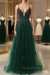 Green V-Neckline Tulle With Lace Cross Back, Green Tulle Semi Formal Prom Dress