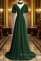 Green Velvet A-Line Short Sleeves Long Party Dress, Green Long Semi Formal Prom Dress