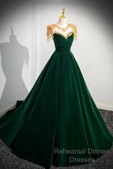 Green Velvet Beaded Long Semi Formal Prom Dress, A-Line Beautiful Evening Party Dress