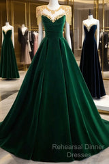 Green Velvet Beaded Long Semi Formal Prom Dress, A-Line Beautiful Evening Party Dress