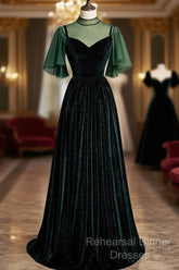 Green Velvet Long A-Line Semi Formal Prom Dress Evening Dresses