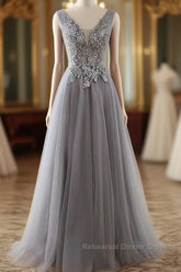 Grey A-Line Tulle With Lace Long Formal Dress V-Neckline Semi Formal Prom Dress Sleeveless December Wedding Guest Dress