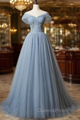 Grey-Blue Tulle Off Shoulder Beaded Long Evening Prom Dress Party Dress, Long Evening Gowns