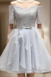 Grey Lace And Organza Homecoming Dresses, Lovely Homecoming Dresses , Short Semi Formal Prom Dress