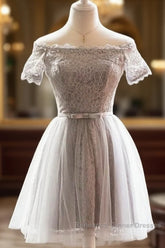 Grey Lace Tulle Short Sleeves Homecoming Dress Party Dress, Light Grey Formal Dresses