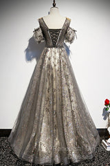 Grey Purple V-Neckline Tulle With Lace Semi Formal Prom Dress, Off Shoulder A-Line Party Dress