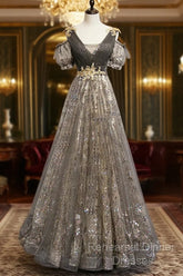 Grey Purple V-Neckline Tulle With Lace Semi Formal Prom Dress, Off Shoulder A-Line Party Dress