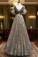 Grey Purple V-Neckline Tulle With Lace Semi Formal Prom Dress, Off Shoulder A-Line Party Dress