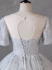 Grey Short Sleeves Tulle Ball Gown Semi Formal Prom Dress, Grey Ball Gown Sweet 16 Dress