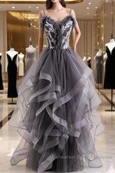 Grey Tulle Sweetheart Long Party Dress With Lace Applique, Grey Long Semi Formal Prom Dress