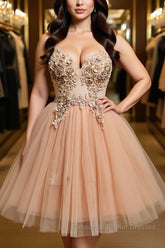 Halter Neck Backless Champagne 3D Floral Short Semi Formal Prom Dresses, Backless Champagne Formal Graduation Homecoming Dresses