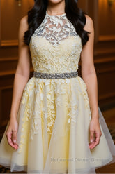 Halter Neck Backless Short Yellow Lace Semi Formal Prom Dresses, Yellow Lace Formal Graduation Homecoming Dresses