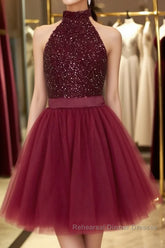 Halter Neck Open Back Beaded Burgundy Semi Formal Prom Dresses, Backless Burgundy Homecoming Dresses, Short Burgundy Formal Evening Dresses