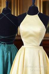 Halter Semi Formal Prom Long Satin Gown Dresses Lace Up Back