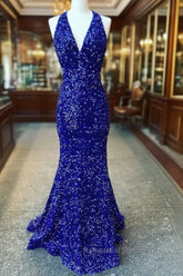 Halter Royal Blue Sequin Evening Dresses Uk Long Semi Formal Prom Dress