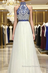 Halter Scoop Neck Tulle Floor-Length Semi Formal Prom Dresses