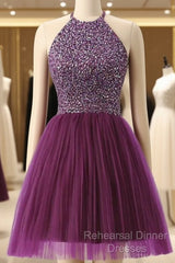 Halter Sleeveless Short Purple Homecoming Dresses Semi Formal Prom Dresses