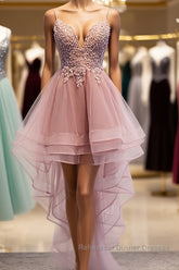 High Low Pink Lace Semi Formal Prom Dresses, Pink High Low Formal Graduation Homecoming Dresses