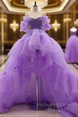 High Low Puffy Sleeves Tulle Purple Semi Formal Prom Dress
