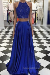 High Neck Blue Two Pieces Long Semi Formal Prom Dress
