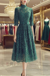 High Neck Half Sleeves Green Lace Semi Formal Prom Dresses, Green Lace Formal Graduation Homecoming Dresses