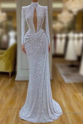 High Neck Keyhole Long Sleeve Sequin White Semi Formal Prom Dress