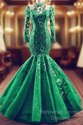 High Neck Mermaid Evening Dresses Lace Sleeves
