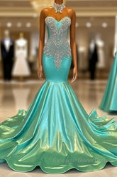 High Neck Mermaid Mint Green Satin Semi Formal Prom Dress