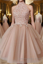 High Neck Open Back Short Champagne Lace Semi Formal Prom Dresses, Backless Champagne Lace Formal Graduation Dresses, Champagne Lace Homecoming Dresses