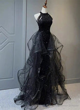 High Neckline Black Halter Shiny Tulle And Sequins Party Dress Black Tulle Prom Dress prom dresses shops