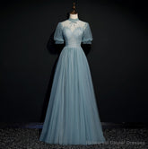 High Quality Beaded Short Sleeves Formal Dress, Tulle A-line Party Dress Prom Dress