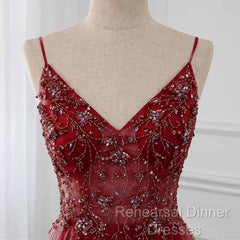 High Quality Burgundy Straps Beaded Long Party Dress, Long Junior Semi Formal Prom Dress