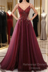 High Quality Burgundy Straps Beaded Long Party Dress, Long Junior Semi Formal Prom Dress