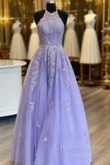 Hot  Halter Purple Semi Formal Prom Dresses Lace Long Graduation Evening Dresses