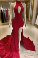 Hot Long  Red Semi Formal Prom Dress High Neck Satin Mermaid Evening Dress Uk Split