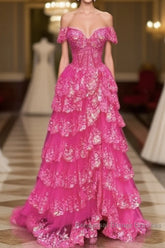 Hot Pink Lace Off Shoulder Tiered Semi Formal Prom Dress With Slit