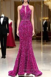 Hot Pink Sequins Long Semi Formal Prom Dress, Mermaid Backless Evening Dress