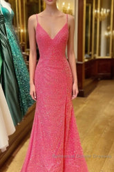 Hot Pink V Neck Sequins Long Semi Formal Prom Dresses Crossed Back Mermaid With Slit