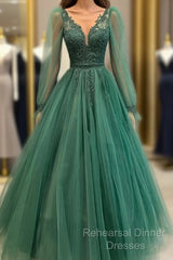 Hunter Green V-Neckline Tulle With Lace Applique Party Dress, Green Evening Dress