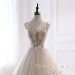 Ivory Tulle With Lace Long Wedding Party Dress With Sweep Train, Ivory Formal Dress