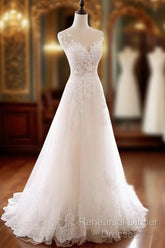 Ivory Tulle With Lace Round Neckline Long Wedding Party Dress, Ivory Tulle Semi Formal Prom Dress