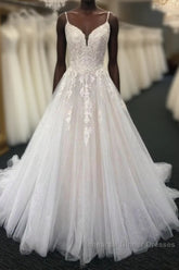 Ivory V neck Sleeveless A line Princess Lace Wedding Dresses