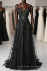 Black Sweetheart Tulle With Lace Long A-Line Semi Formal Prom Dress, Black Semi Formal Prom Dress