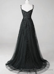Black Sweetheart Tulle With Lace Long A-Line Semi Formal Prom Dress, Black Semi Formal Prom Dress