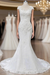 Lace Beaded Cap Sleeve Trumpet Wedding Dress