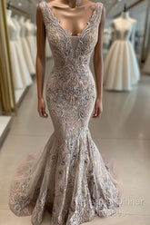 Lace Beaded Sexy African Dubai Evening Dresses Mermaid Backless Semi Formal Prom Dresses Deep V-Neck Formal Party Bridesmaid Pageant Gowns